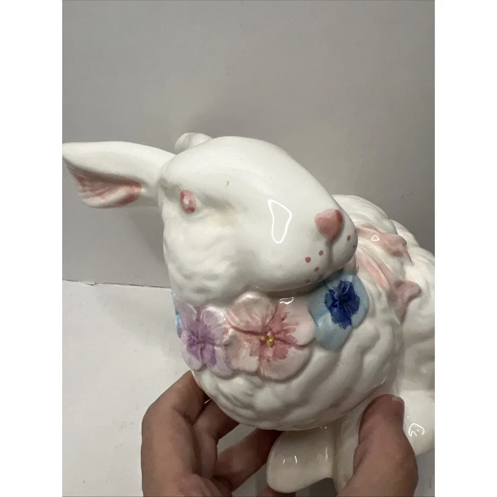 Vintage white ceramic Easter Bunny Figurine With Flowers And Pink Bow